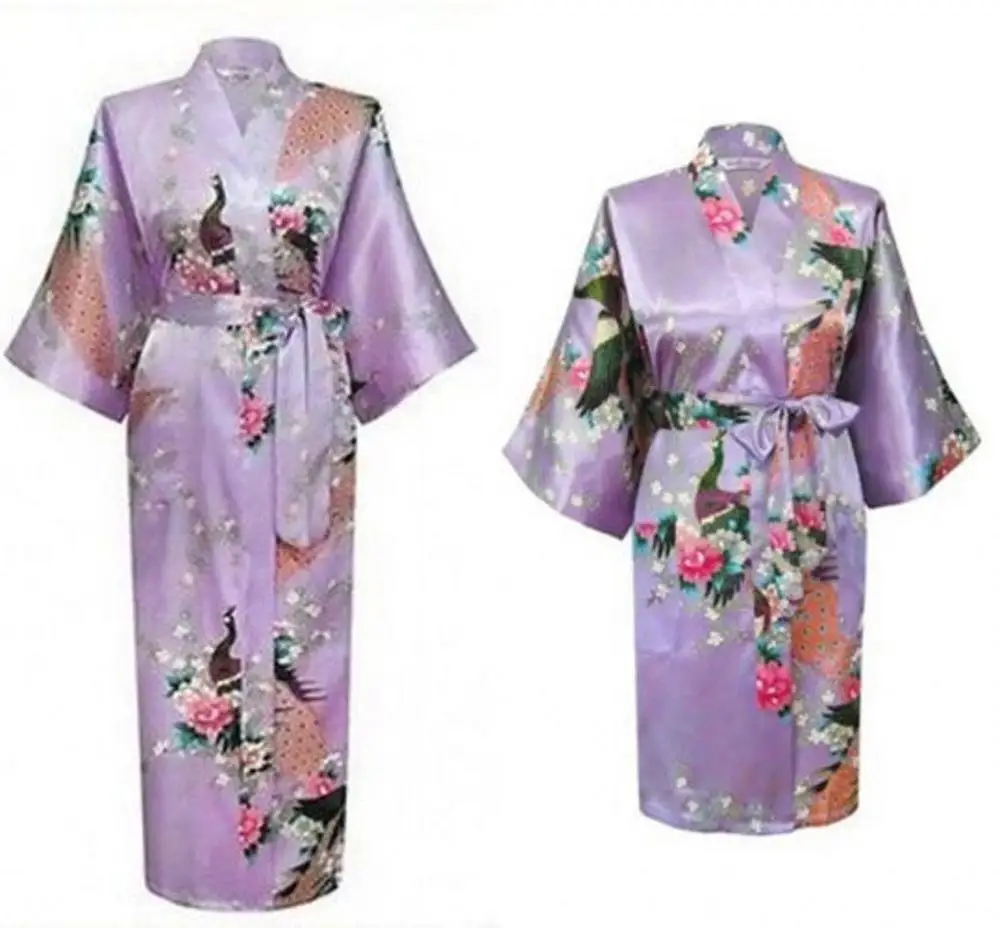 Атласный халат цветочный халат короткое кимоно Халат банный халат модный халат для женщин свадебный халат подружки невесты халат Павлин Пижама - Цвет: Light Purple