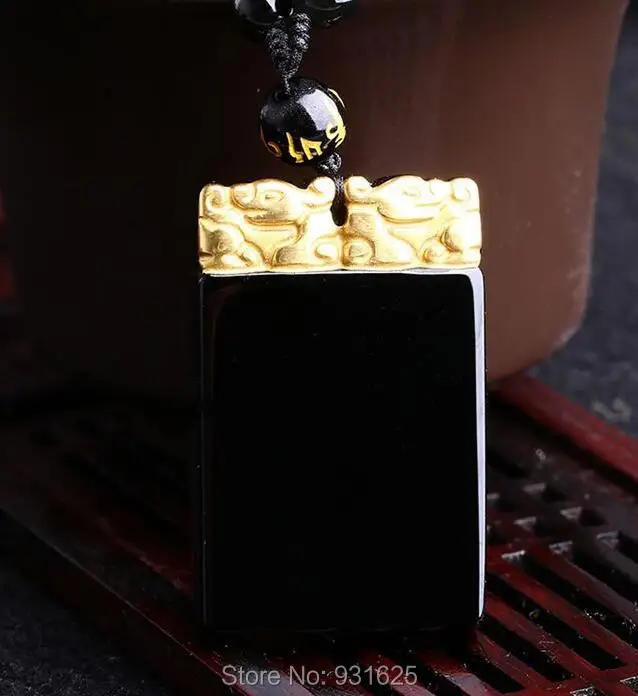 

Beautiful Chinese Natural Black Obsidian Carved 18 Gold Safety Buckle Lucky Amulet Pendant + free Necklace fashion Jewelry