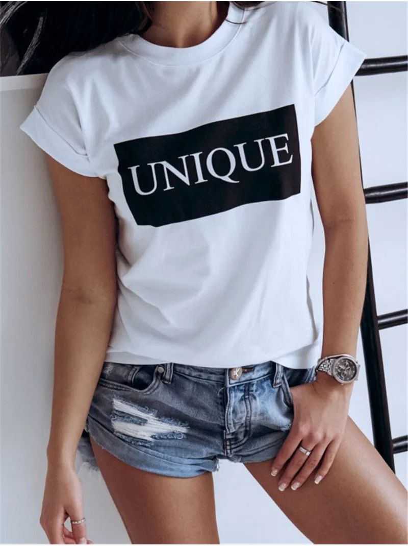 

New Short-sleeved Female Student Printing Round Neck Casual Large Size Loose Fashion Round Neck Pullover T-shirt Fashion
