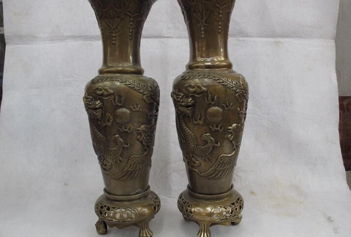 

Elegant old S0629 Chinese Royal Copper Bronze Feng shui Dragon Phoenix Bead Bottle Pot Vase Pair statue (A0322) A0403