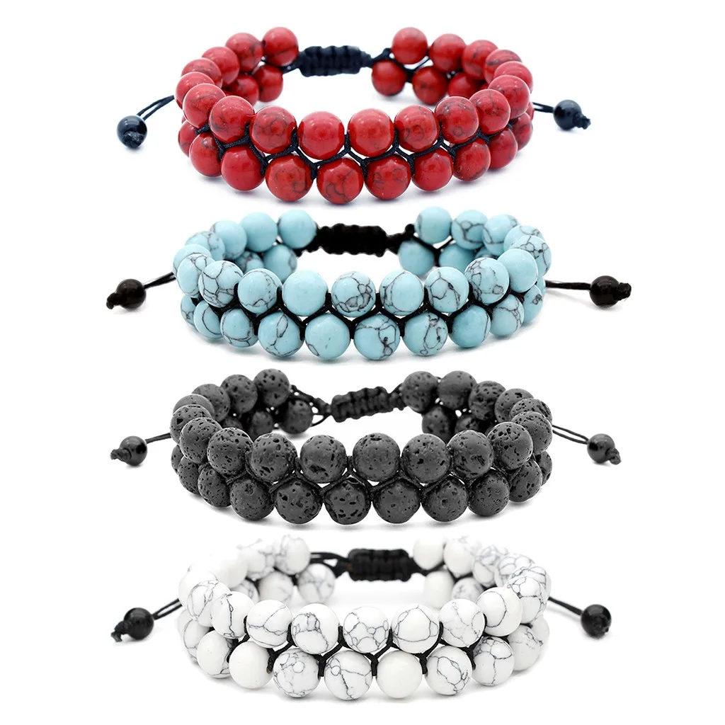 

Fashion Simple Casual Men Women 8mm Lava Rock Chakra Double Beads Elastic Natural Stone Bracelet Round Bead Charm #30