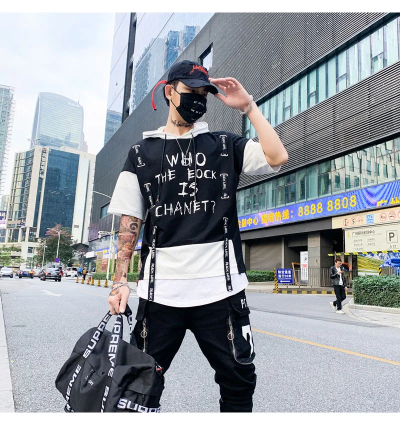 Aolamegs T Shirt Men Block Ribbon Hooded Men's Tee Shirts Short Sleeve T Shirt Fashion High Street Tees Hip Hop Streetwear (4)
