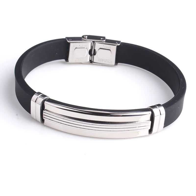 

free shipping Silver three stripe Silicone 316L Stainless Steel bracelets for men
