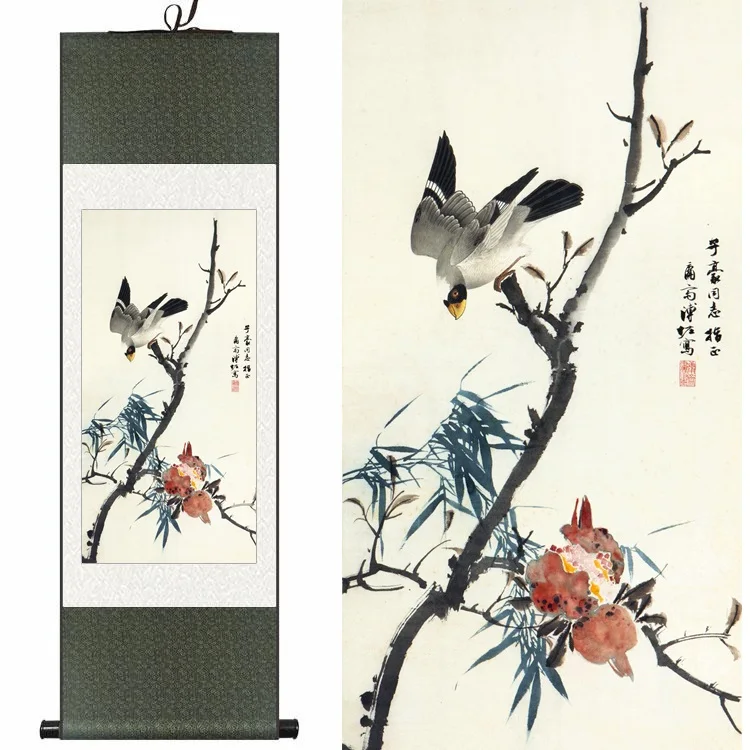 

Traditional Chinese Silk watercolor flower & bird Bamboo pomegranate ink art canvas wall picture damask framed scroll painting