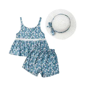 

Toddler Kids Baby Girls Summer 3Pcs Outfits Sleeveless Ruffle Floral Printed Dress Tops+Shorts+Sun Hat Set Clothes 6M-4Y