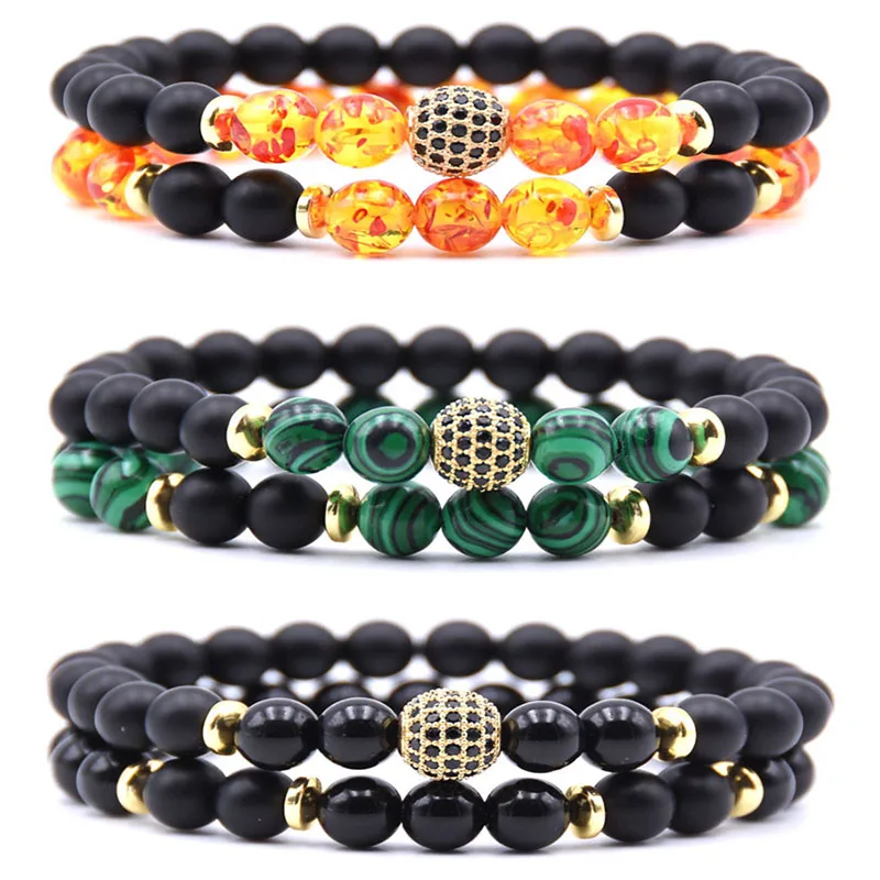 

New Natural 8MM Stone 2Pcs/Lot Bead Bracelet For Women Men Micro Pave CZ 8mm Disco Ball Charms Bracelets Jewelry Viking Bijoux