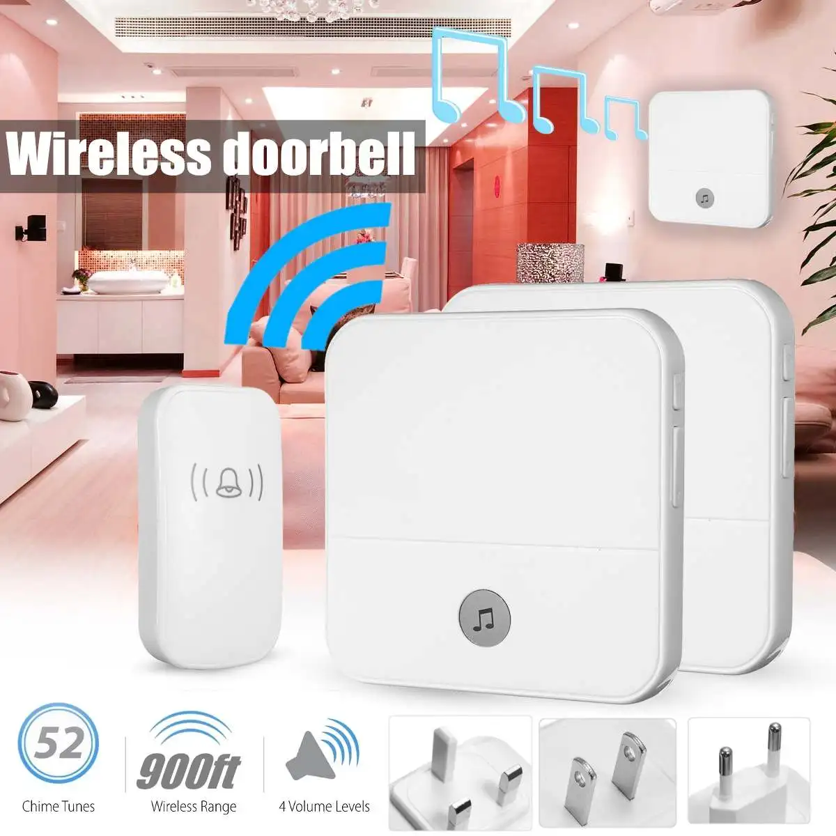 

New Wireless Doorbell Waterproof 900ft Remote EU UK US Plug smart Door Bell 1 button 2 receiver AC 90~250V