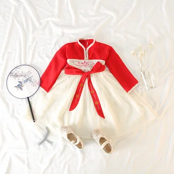 

WLG girls dresses kids spring autumn red patchwork mesh long sleeve dress baby Chinese style clothes children