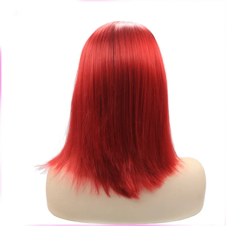 Yiyaobess 14 дюймов бесклеевой короткий прямой парик на кружеве синтетический Розовый Фиолетовый Зеленый Фиолетовый Красный Омбре короткий боб парики для женщин - Цвет: red