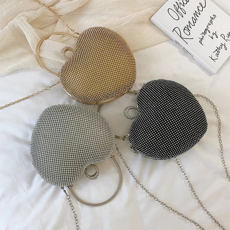 Heart Shape Women Clutch Bag Luxury Full Diamond Wedding Handbags Purse Finger Ring Day Clutches Small Handle Chain Shoulder Bag