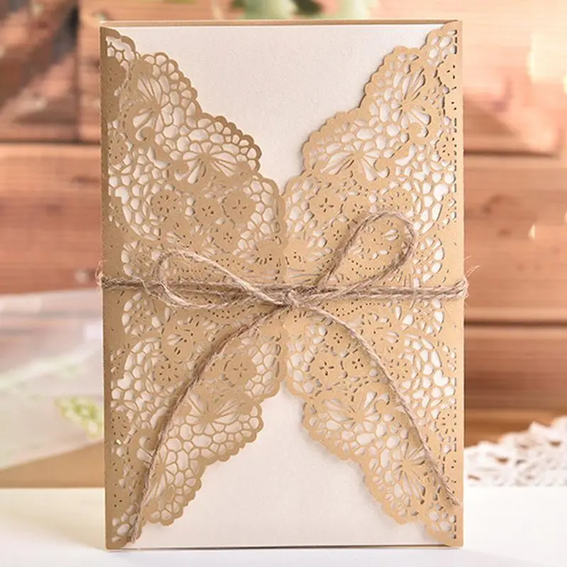  10pcs/set Hollow Lace Wedding Party Invitation Cards With Kraft Paper Inner Sheet Envelopes Hemp Ro - 33029663254