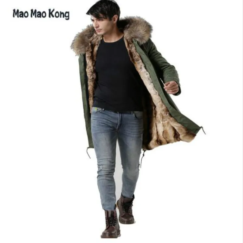 

maomaokong 2018 new Hot Sales Faux fur lining coats real raccoon fur collar jacket long parka Men