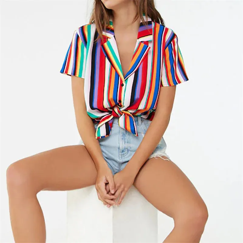 

2019 New Casual Chiffon Blouses Shirts Women Summer Sexy V-neck Short Sleeve Tops Blusas Female Striped Print Shirt Vintage Top