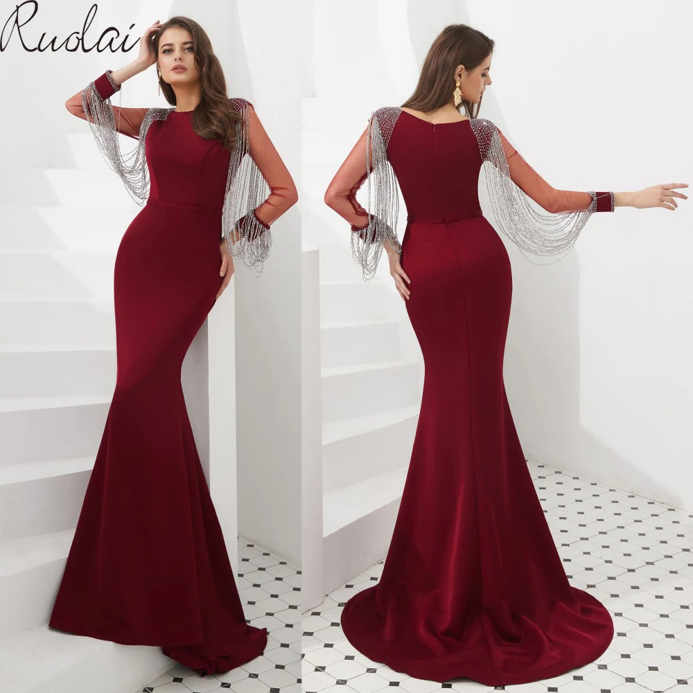 

New Mermaid Luxury Evening Dress Long 2019 Long Sleeve Beads Evening Gown Formal Women Dress vestidos de fiesta