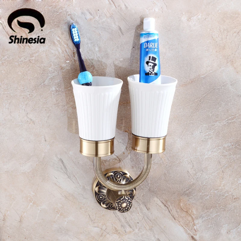 Solid Brass Bathroom Toothbrush Cup Holder with Ceramic Cup Antique