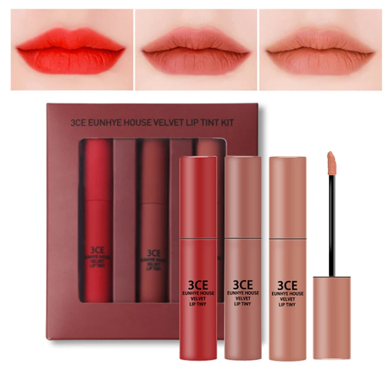 

3Pcs/Set Matte Lipstick Set Lip Tint Korean Liquid Lipstick Red Korean Nude Pink Lip Gloss Velvet Makeup Batom Matte