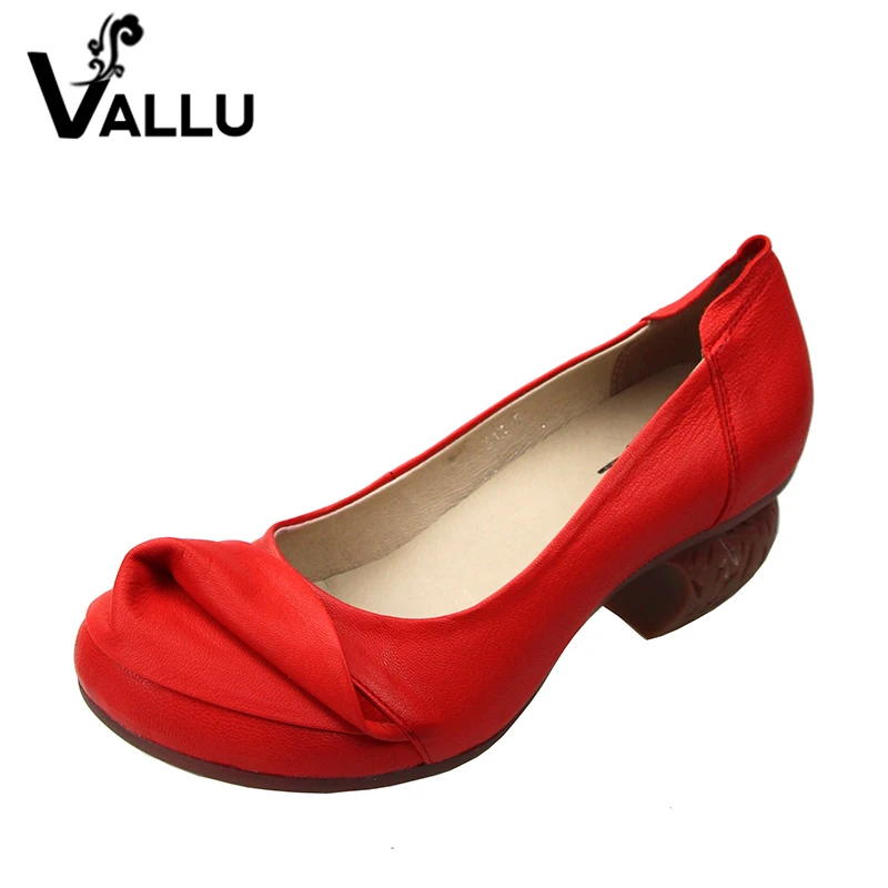 

2018 Retro Handmade Women Shoes Pumps Genuine Leather Chunky Heels Round Toe High Heels
