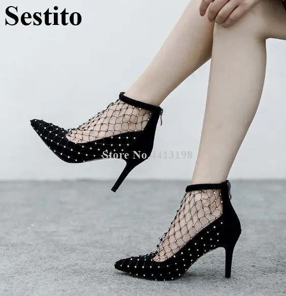 

Sestito Summer Rhinestone Mesh Hollow Black Sexy Women Boots Pointed Toe Ankle Strap Stiletto Heel Zip Short Boots Women Shoes