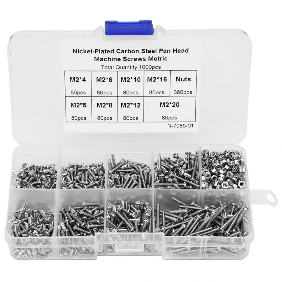 

1000pcs M2 Carbon Steel Cross Recessed Pan Head Machine Screw Countersunk Head Round Head Screws Assortment Kit Phillips screw