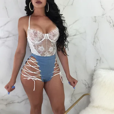 Летние Для женщин Sexy бинты Шорты Высокая Талия Кружева Bodycon Короткие джинсы Femme