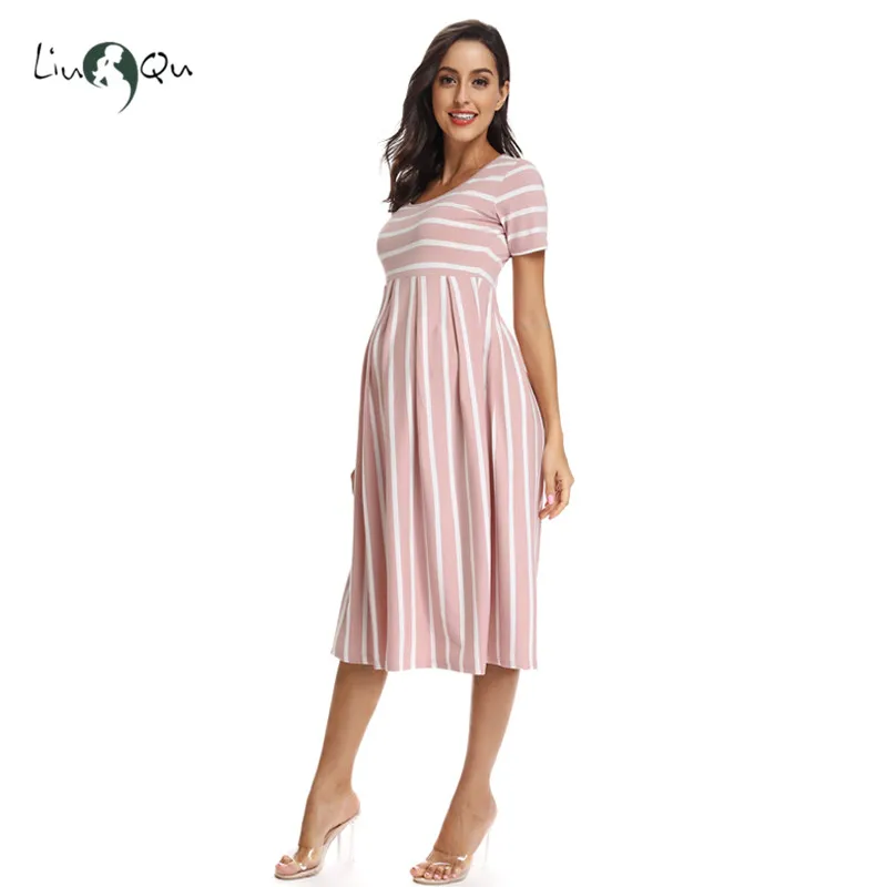 Женское платье в полоску с коротким рукавом и длиной до колена для беременных; повседневная одежда для беременных; свободное летнее платье для беременных; Premama Baby Shower