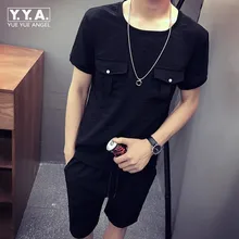 Летняя одежда с круглым вырезом для мужчин костюм наборы Карманы Сплошной цвет Slim Fit повседневные полуштаны свободная Мужская модная одежда спортивный костюм комплект