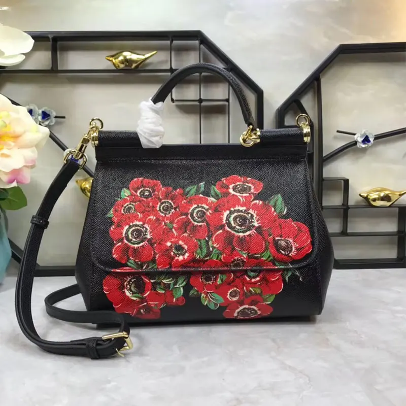 

2019 new flower bud series pattern 25cm single shoulder diagonal Handbag Black