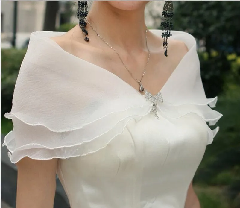 Fashion Wedding Wrap Three Layer Wedding Jacket Wraps Ruffles White Organza Women Off The Shoulder Wrap Shrug 2018