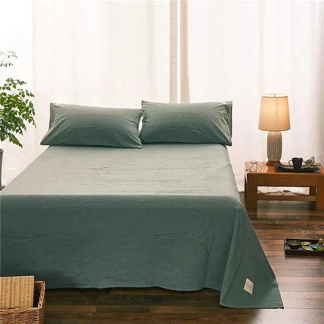Modern Dark Green Solid Color 100 Cotton 1pcs Bed Sheet Linens+2pcs