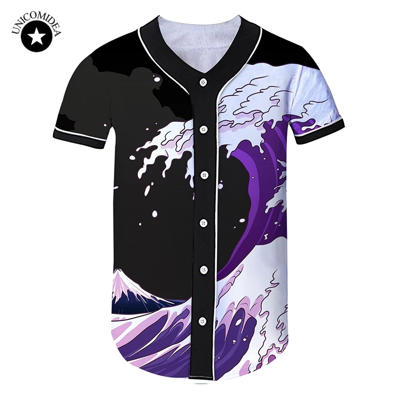 Purple Waves Jersey Short Sleeve Buttons Shirt 3d Baseball Shirts Streetwear Hip Hop Baseball Jersey Brand Men Summer Tops