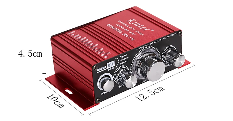 Kinter ма-170 мини усилитель звука Hi-Fi стерео звук 20 W 2,0 канала DC12V ВЧ бас управления красный алюминиевый корпус