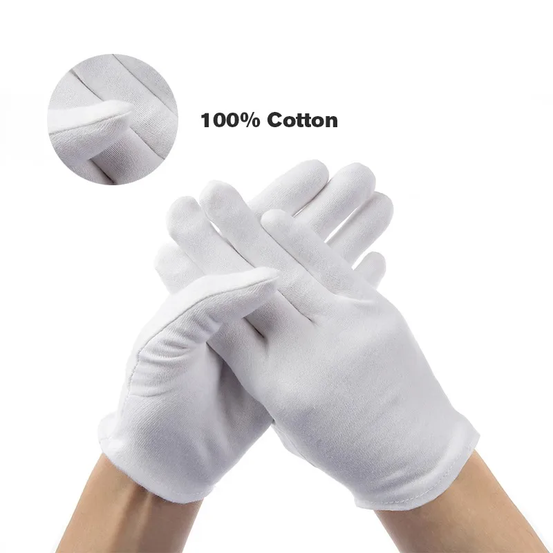 12 пар/лот белый 100% хлопок церемониальные перчатки для мужской женский сервировочные/официанты/драйверы/ювелирные перчатки рабочие