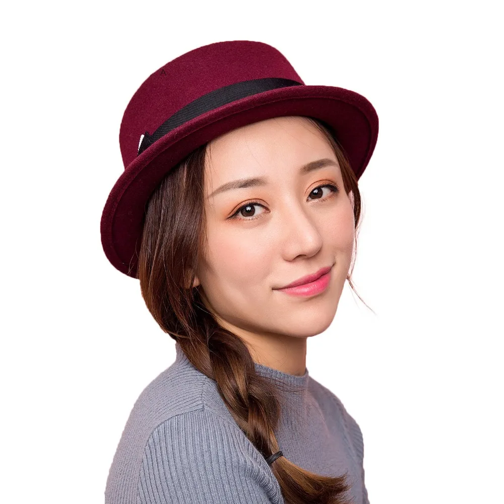 High Quality Dome Fedora Hat Ladies Hats for Women Pink Wool 100% Felt Hat with Bowknot Hair Accessory M73