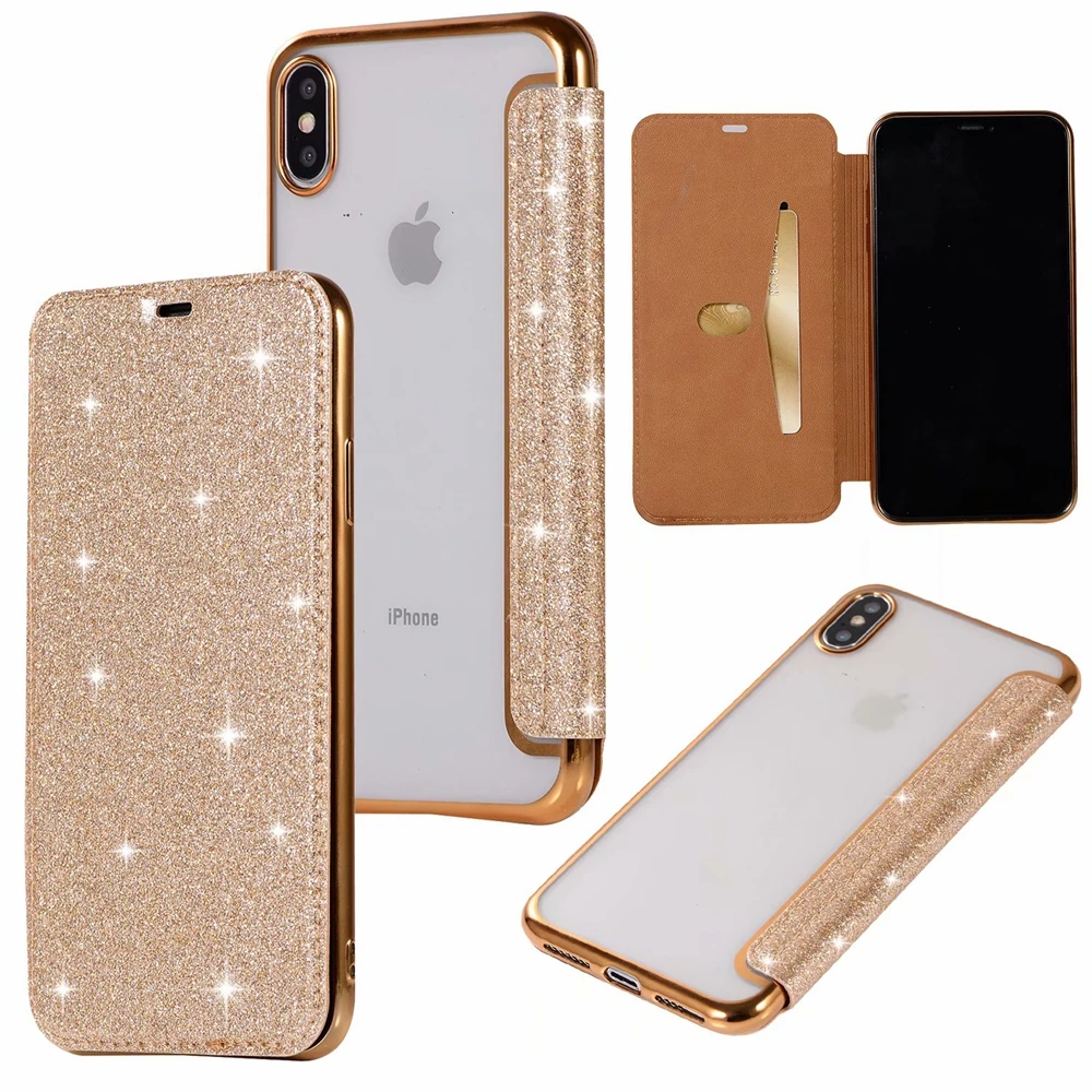 Кожаный чехол + ТПУ Мягкая задняя крышка для iPhone 6 S Plus 7 8 искристое покрытие флип XS