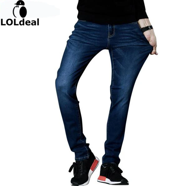 2017 Jeans Men s Brand High Quality Stretch Blue Denim Jeans Fashion Pleated Pocket Elastic jeans