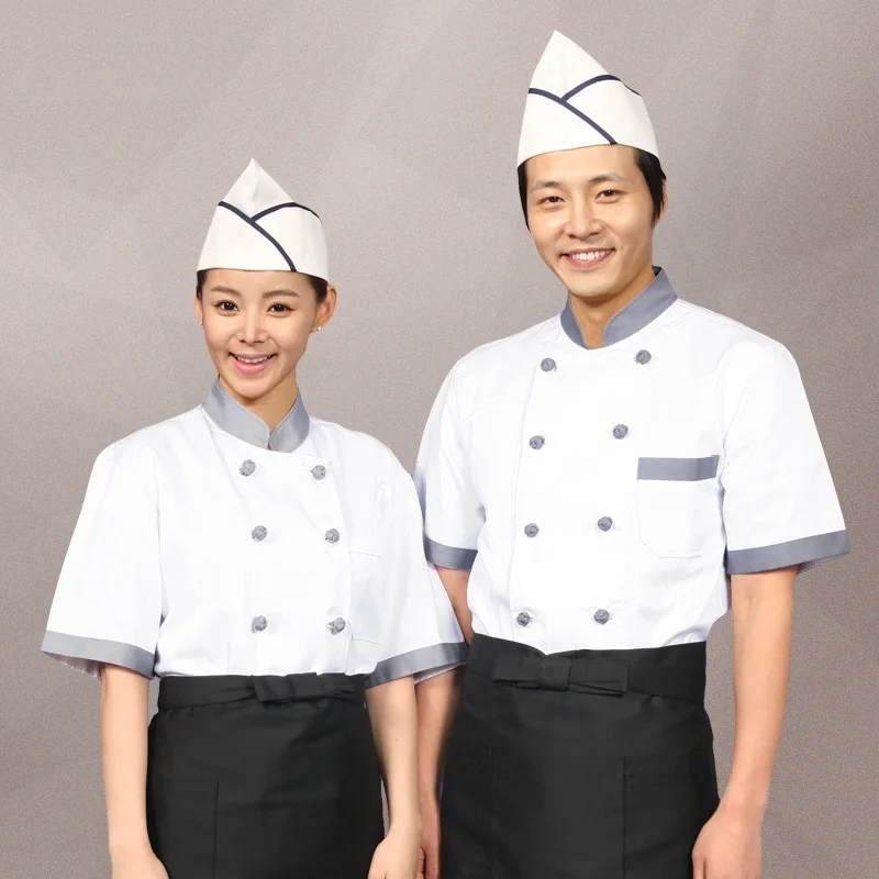 10 комплектов шляпа и рубашка и фартук) шеф-повара с короткими рукавами отель кухня ресторан японская и Корейская кухня шеф-повара униформа одежда для мужчин или женщин