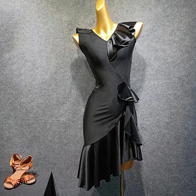Латинское платье для танцев Для женщин летнее платье без рукавов Черное Платье для танцев танго платье Flamengo латинские танцевальные платья для танцев VDB412