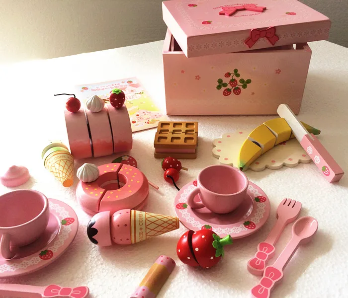 Baby Toys Mother Garden Strawberry Wooden Toys Ribbon Storage Box Cake