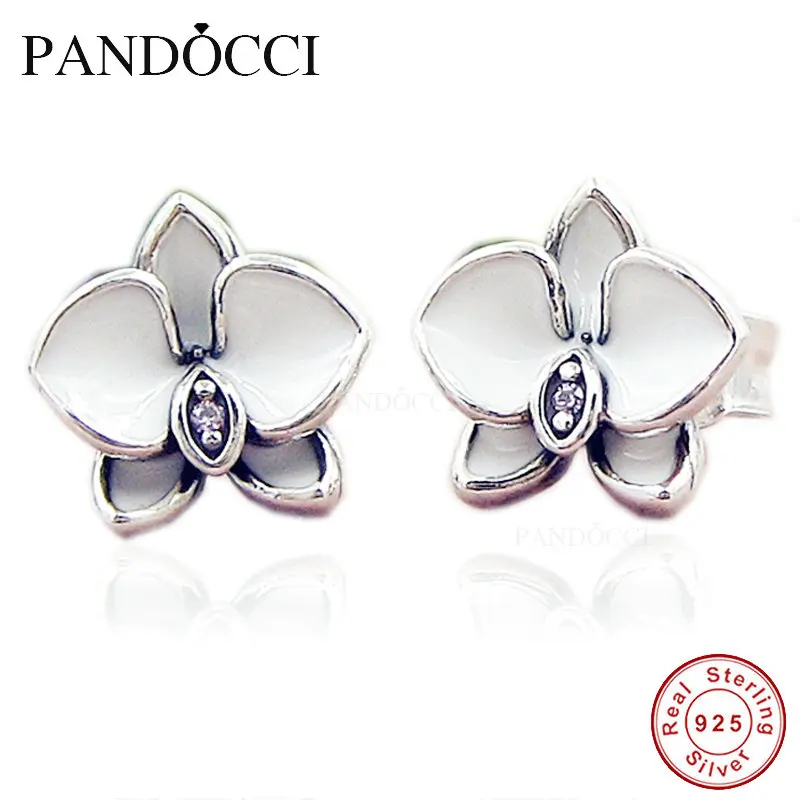 

PANDOCCI Genuine PANDOCCI Stud Earrings 100% 925 Sterling-Silver-Jewelry Withe Orchid Silver Stud Earrings Women Gift