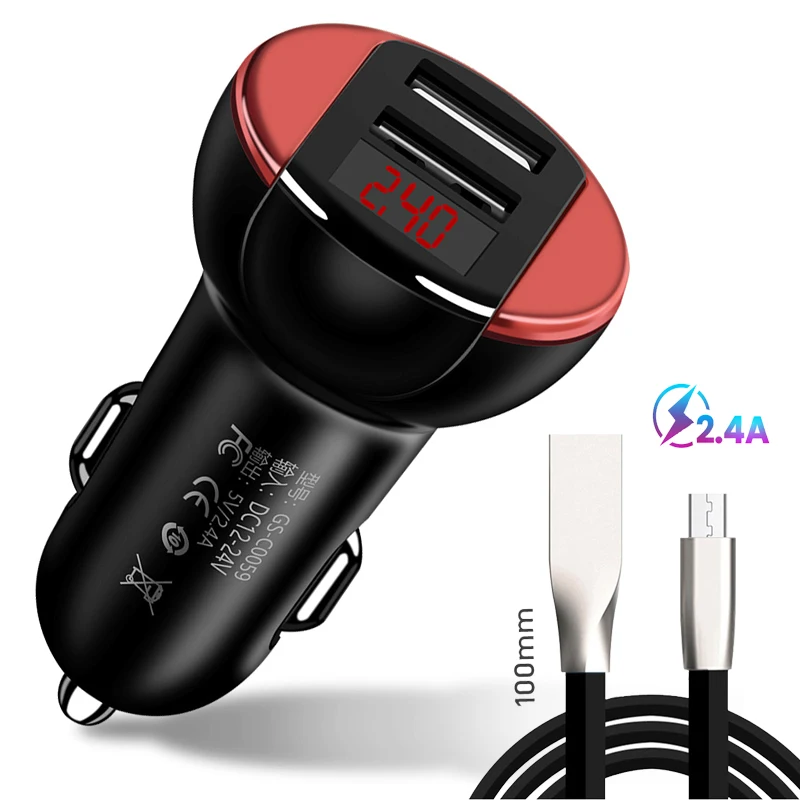 

5V 2.4A Fast Car Charger with LED Display Dual USB Port Quick Chargers Adapter Travel Charging USB Cable Micro Type c for Xiaomi