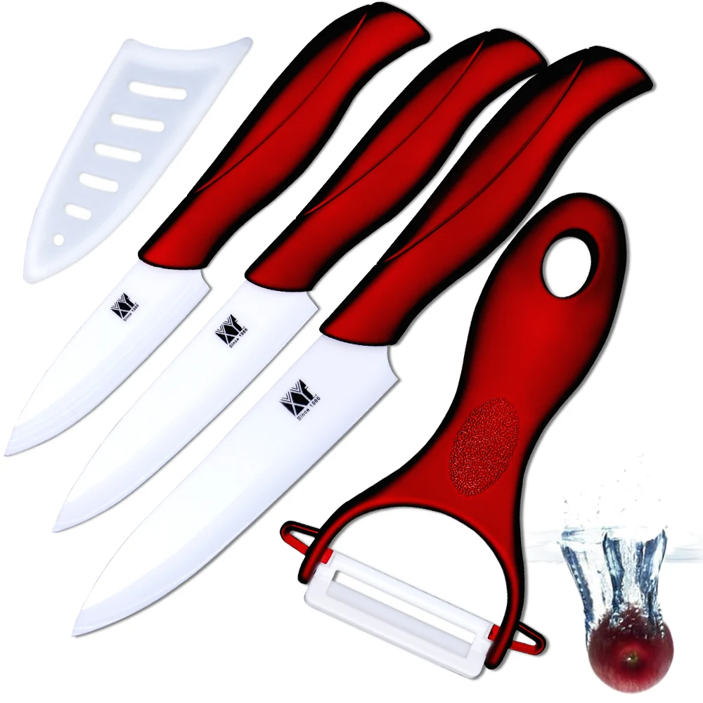 Ceramic knife 3 inch paring 4 inch utility 5 inch slicing knife and a white red