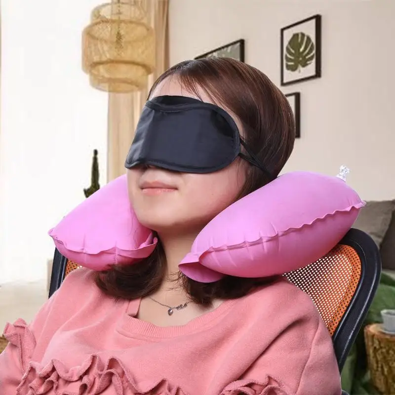 

3pcs Flocking Soft U Shaped Travel Pillow Car Air Flight Inflatable Pillows Neck Support Headrest Cushion with Eyes Cover