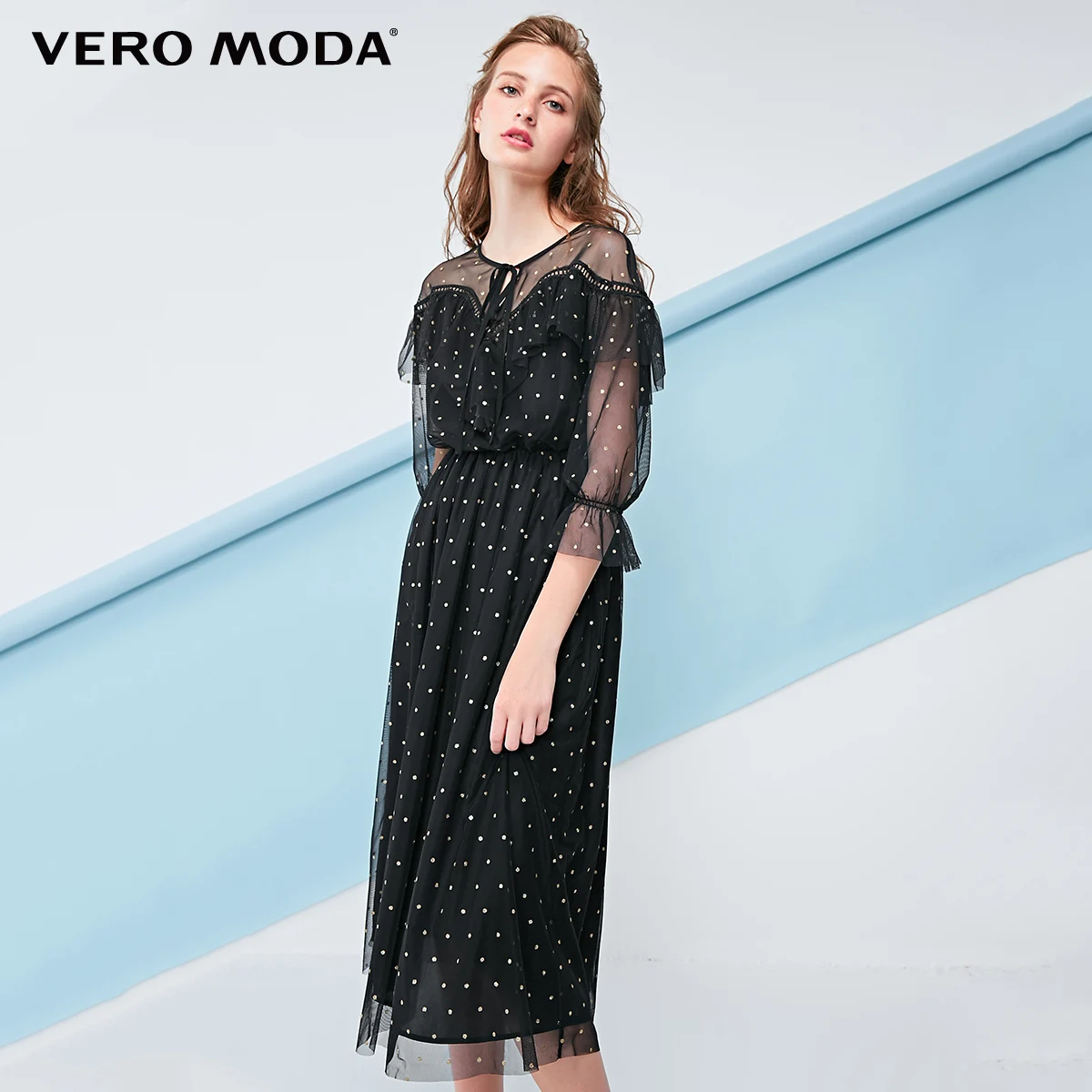 Vero Moda новые женские прозрачные Gauzy на шнуровке 3/4 рукава грудь высокая талия платье | 31847C503 - Цвет: Black