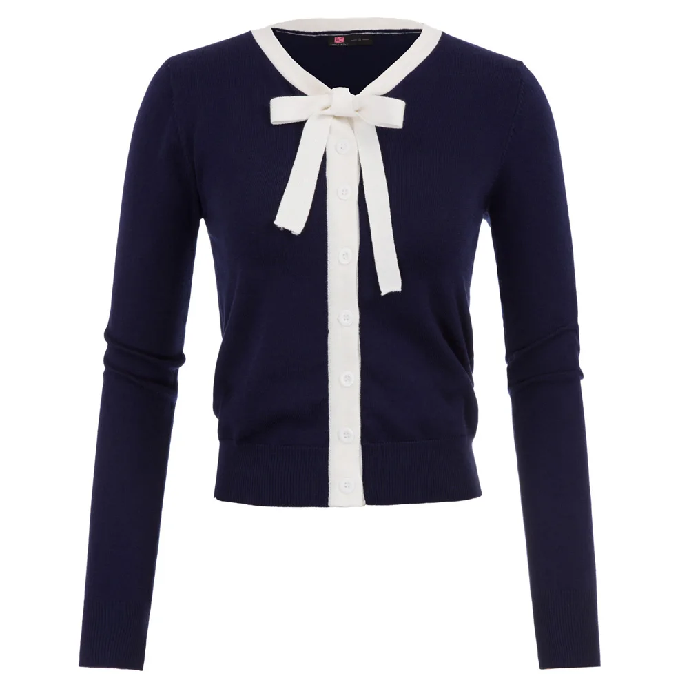 

KK Women shrug tops Spring Autumn buttons Bow-knot Decorated Contrast Color coats ladies slim Knitwear Cardigan Knitting Coats