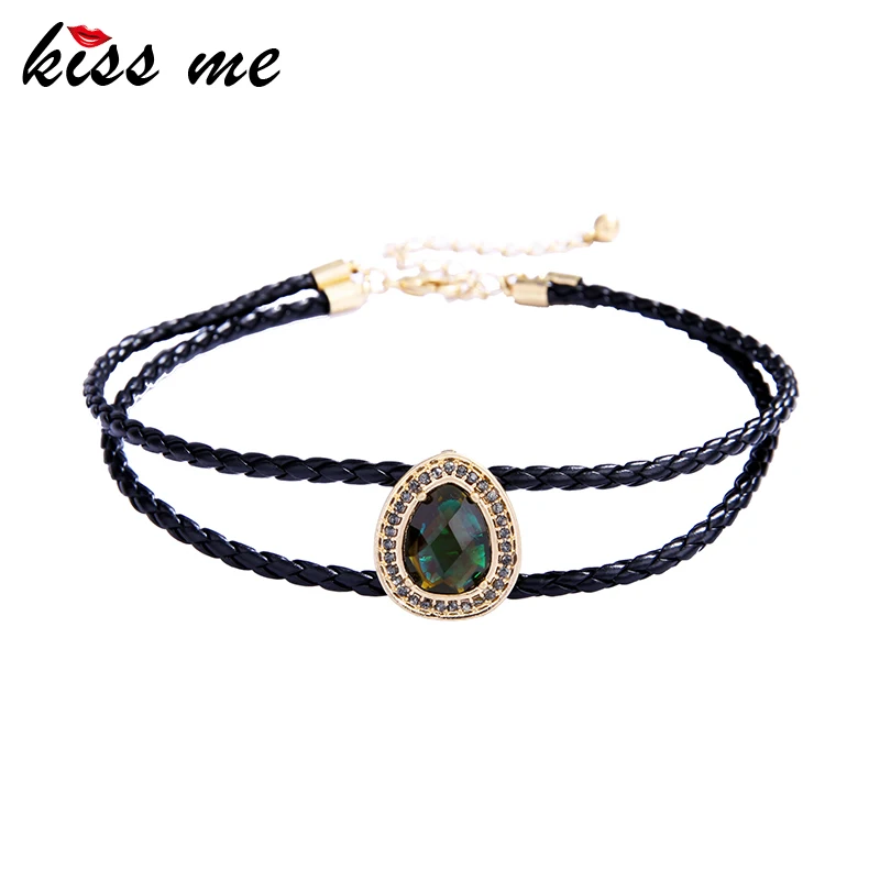 

KISS ME Black & Beige Double Layers Imitation Leather Choker Necklace Popular Crystal Water Drop Maxi Necklace Women Bijoux