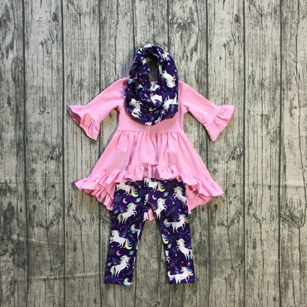 Prix Automne tenues filles 3 pièces avec écharpe ensembles filles fête licorne tenues rose robe top avec pantalon violet licorne imprimer pantalon ensemble