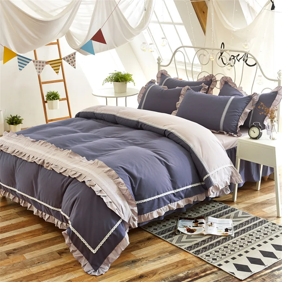 

Korean princess bedding set gray ruffles quilt/duvet cover bowknot bed skirt king queen full size 4pcs adult/kid girl bedclothes