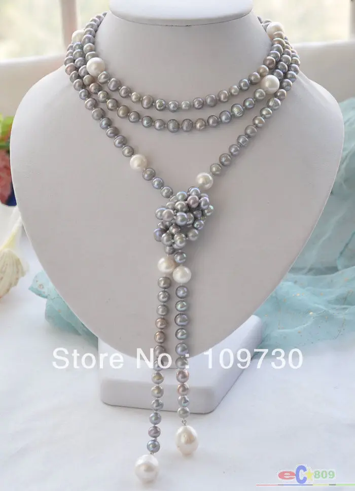 

Jewelry 002059 65" 14mm gray round white drip freshwater pearl necklace
