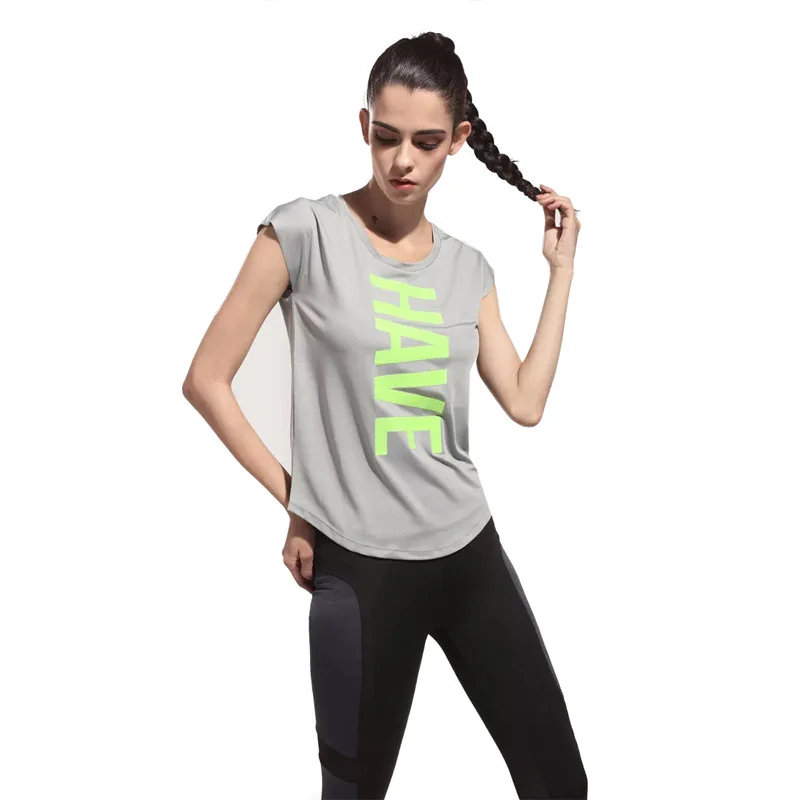 SALSPOR хлопковая футболка с коротким рукавом, одежда для Для женщин Письмо печати Фитнес рубашки йоги тренажерного зала дышащие кроссовки жилет женский топам, спортивная одежда - Цвет: Gray