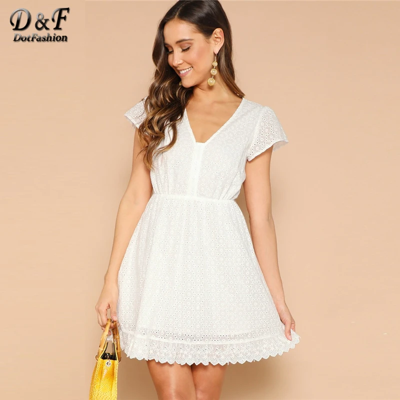 

Dotfashion Half Button Scallop Hem Schiffy Flare Dress 2019 Summer Women White Dress A Line High Waist Embroidery Boho Dress